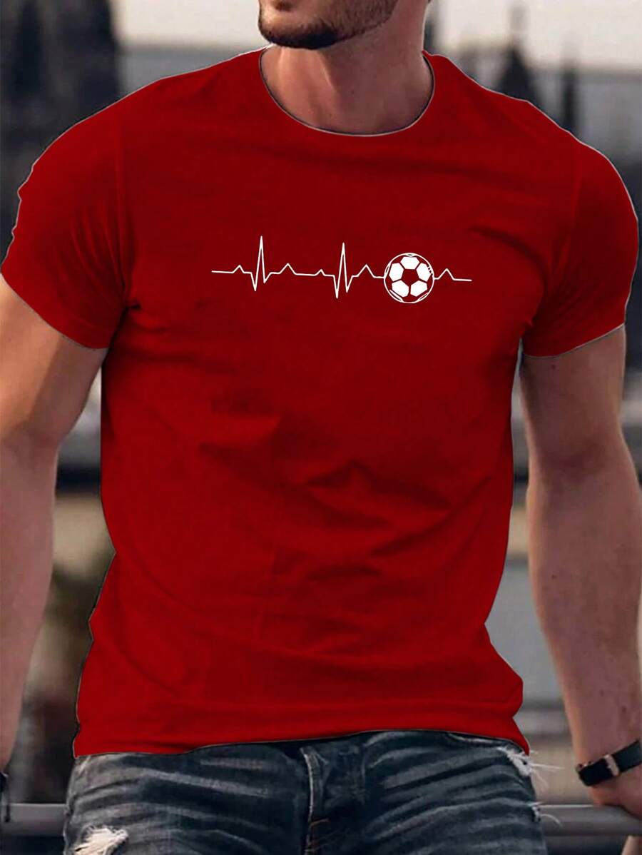 Manfinity Homme Camiseta Para Hombre Impresión De Ecg Y Fútbol - Rojo - Ver 1