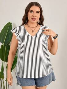 SHEIN LUNE Kích thước lớn NỮ Mùa hè giản dị In sọc lễ Phục sinh Áo cánh - Đen và trắng - Xem 1