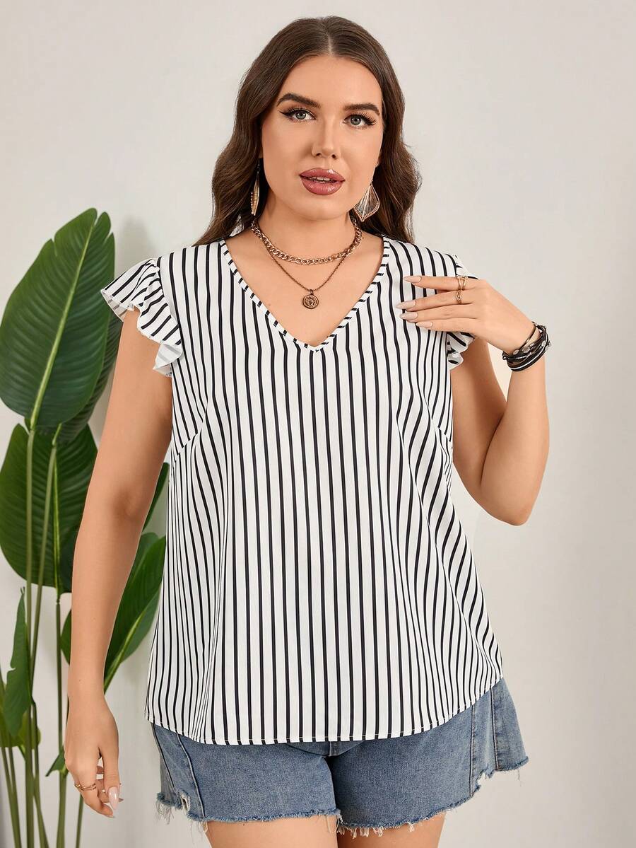 SHEIN LUNE Kích thước lớn NỮ Mùa hè giản dị In sọc lễ Phục sinh Áo cánh - Đen và trắng - Xem 1