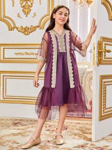 SHEIN Tween Girl Loose Cute Contrast Color Embroidered Mesh Jacket With Applique & V-Neck Dress Two Pieces Set - Purple - View 4
