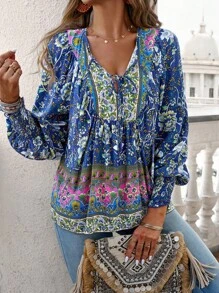 SHEIN LUNE Áo Peplum buộc dây cổ chữ V in hoa - Màu xanh hải quân - Xem 5