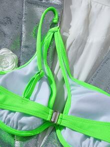 SHEIN Swim Summer Beach Fluorescent Green Neon One Shoulder Bikini Set Bathing Suit - Lime Green - View 4
