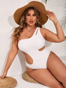SHEIN Swim Curve Plus Size Women's Solid Color Hollow-Out Waist Asymmetrical Neck Sleeveless One Piece Swimsuit, For Summer Beach Vacation