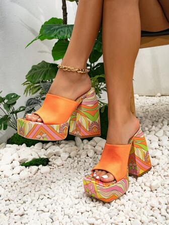 Bohemian Style High Heeled Backless Slippers With Platform, Orange