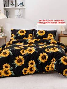 3pcs/Set Sunflower Bedding Set, Full Size, Solid Color Background With Sunflower Pattern, Comfortable Sunflower Duvet Cover Set Bedroom Decor 3pcs (1 Duvet Cover + 2 Pillowcases, No Insert) / Travel / Dorm (For Boys & Girls) - Black - View 6
