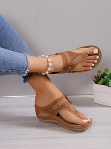 Women's Hollow Floral Platform Slipper, Open Toe Hollow Wedge Beach Sandals,Spring Summer Outfits - Brown - View 6
