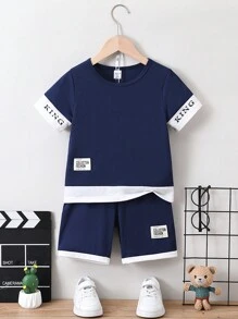SHEIN Young Boy Casual Knitted 2pcs/Set, Letter Printed Short-Sleeved T-Shirt And Shorts, Summer - Royal Blue - View 3