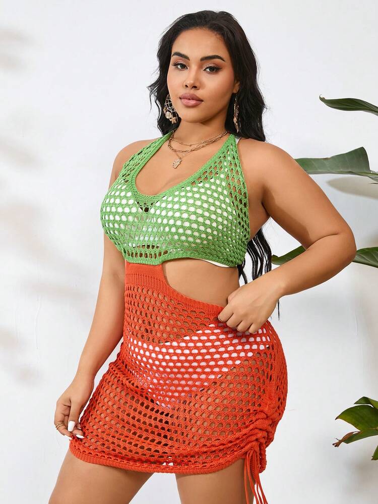 Summer Plus Size Bohemian Style Color Block Splice Hollow Out Backless Halter Cover Up Dress