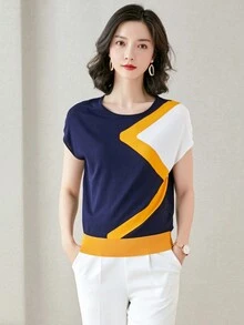 Casual And Simplified Contrast-Color Short Sleeve Knitted Pullover Sweater For Women - Navy Blue - View 3