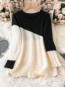 SHEIN LUNE 加大號兩色撞色下垂袖毛衣 - 黑與白 - 查看 1