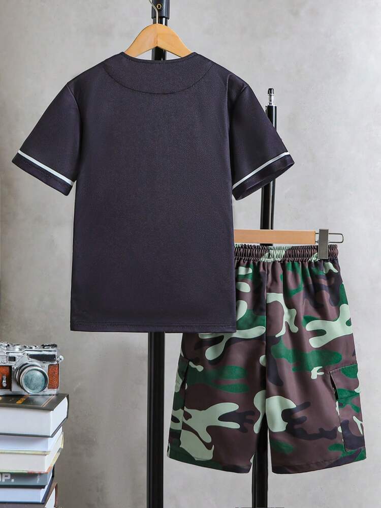 Tween Boy Letter Printed Shirt With Camouflage Work Shorts Two-Piece Set