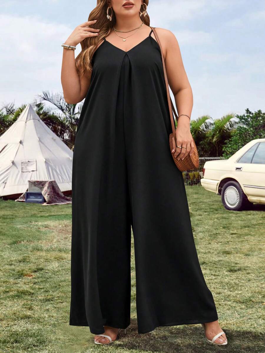 SHEIN Clasi Kích thước lớn Cổ chữ V Túi ẩn Bộ áo liền quần Cami Với quần ống rộng - màu đen - Xem 1