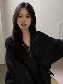 纯色半拉链落肩超大套头衫、长袖上衣 - 黑色 - 查看 4