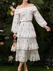 Seusyu Women Ruffle Lantern Sleeve Top With Ruffled Hem And Tiered Skirt Two-Piece Set 2 Pieces Set - White - View 6