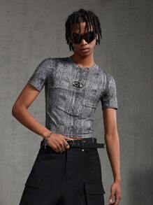 AXEPEAK Men's Metallic Letter Embroidery Short Sleeve Knit Casual T-Shirt, Summer, Streetwear Fashion - Grey - View 1