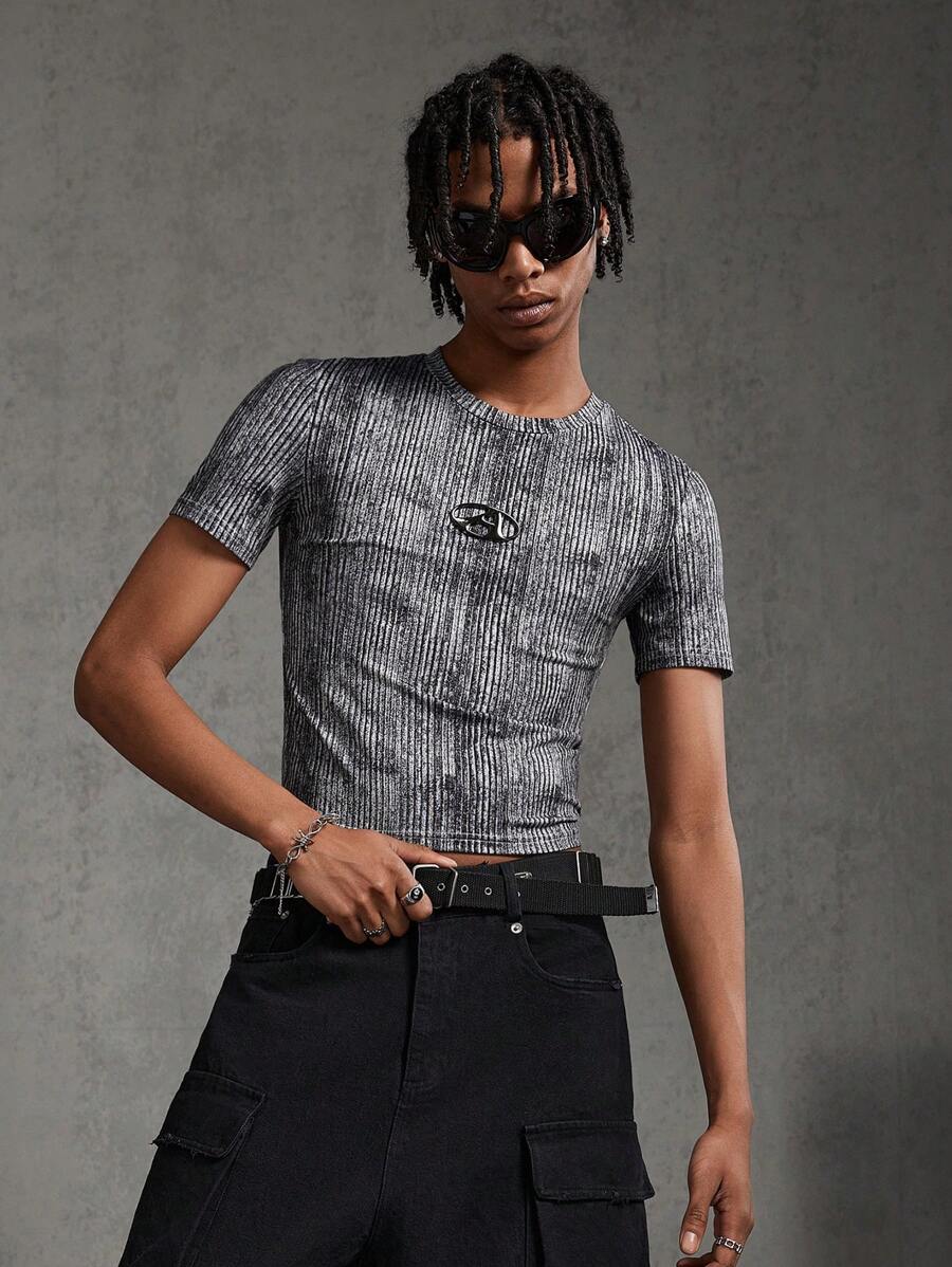 AXEPEAK Men's Metallic Letter Embroidery Short Sleeve Knit Casual T-Shirt, Summer, Streetwear Fashion - Grey - View 1