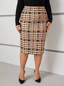 SHEIN Clasi Plus Size Women's Houndstooth Pattern Pencil Skirt