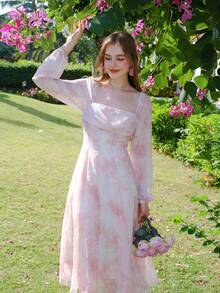 Women's Floral Printed Lantern Sleeve Dress - Pink - View 4