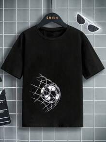 SHEIN Tween Boy Fotboll Tryck Kort Ärm T-shirts - Svart - Visa 1