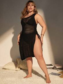 SHEIN Swim Curve 夏季大码镂空针织单肩开衩罩衫连衣裙