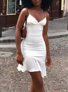 Slaydiva Slim Fit Ruffle Trim V-Neck Spaghetti Strap Dress - White - View 8