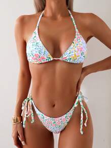 Swim Mod Women's Halterneck Printed Floral Two-Piece Bikini Set,Summer Beach - Multicolor - View 1