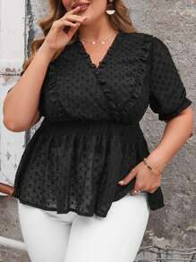 SHEIN Clasi Plus Size Women's Short Sleeve Shirt With Frill Hem - Black - View 5