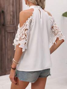 SHEIN Frenchy 純色蕾絲拼接領繩連接口袋上衣 - 白色 - 查看 2
