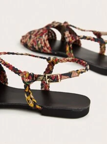 Sandalias planas para mujer con correas tejidas multicolor, patrón tejido aleatorio, patrón floral y de hierba multicolor aleatorio - Multicolor - Ver 5