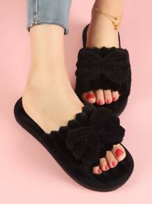 Bow Knot Fluffy Open-Toe Slippers For Women, Soft And Warm Indoor Home Slippers All Seasons