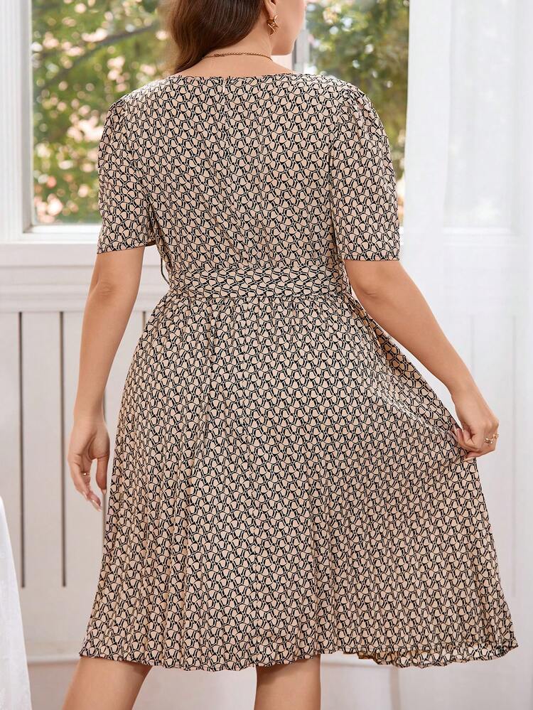 Plus Size Full Printed Square Neckline A-Line Dress With Cinching Waist