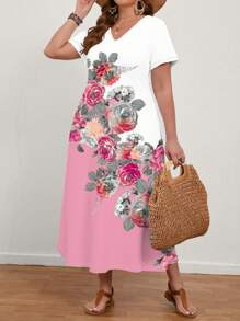 EMERY ROSE Váy dài tay ngắn in hoa hồng cỡ lớn cho nữ, mùa hè - Hồng - Xem 3