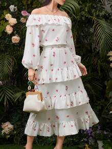 Seusyu Women Ruffle Lantern Sleeve Top With Ruffled Hem And Tiered Skirt Two-Piece Set 2 Pieces Set - White - View 5