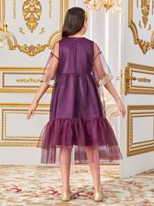 SHEIN Tween Girl Loose Cute Contrast Color Embroidered Mesh Jacket With Applique & V-Neck Dress Two Pieces Set - Purple - View 5
