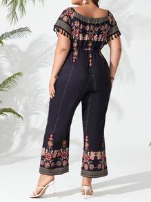 Breezaya Plus Size Floral Printed Fringe Trimmed Off Shoulder Jumpsuit With Tassel Decoration - Black - View 2
