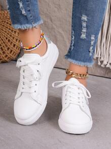 秋冬女款最新经典拼色白色休闲平底运动鞋，适合情人节闪亮心形装饰，时尚年轻人的首选，交叉绑带舒适按摩鞋底，黑色高跟跑步鞋，透气小白鞋，可爱欧日小白鞋 - 白色 - 查看 7