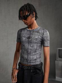 AXEPEAK Men's Metallic Letter Embroidery Short Sleeve Knit Casual T-Shirt, Summer, Streetwear Fashion - Grey - View 5