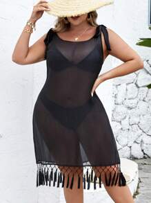 Breezaya Abito In Rete Con Orlo A Frange Tinta Unita Taglie Forti