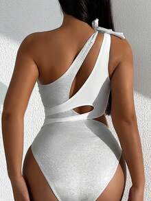 女用金屬色布料拼布一肩連身泳衣 - 銀色 - 查看 2