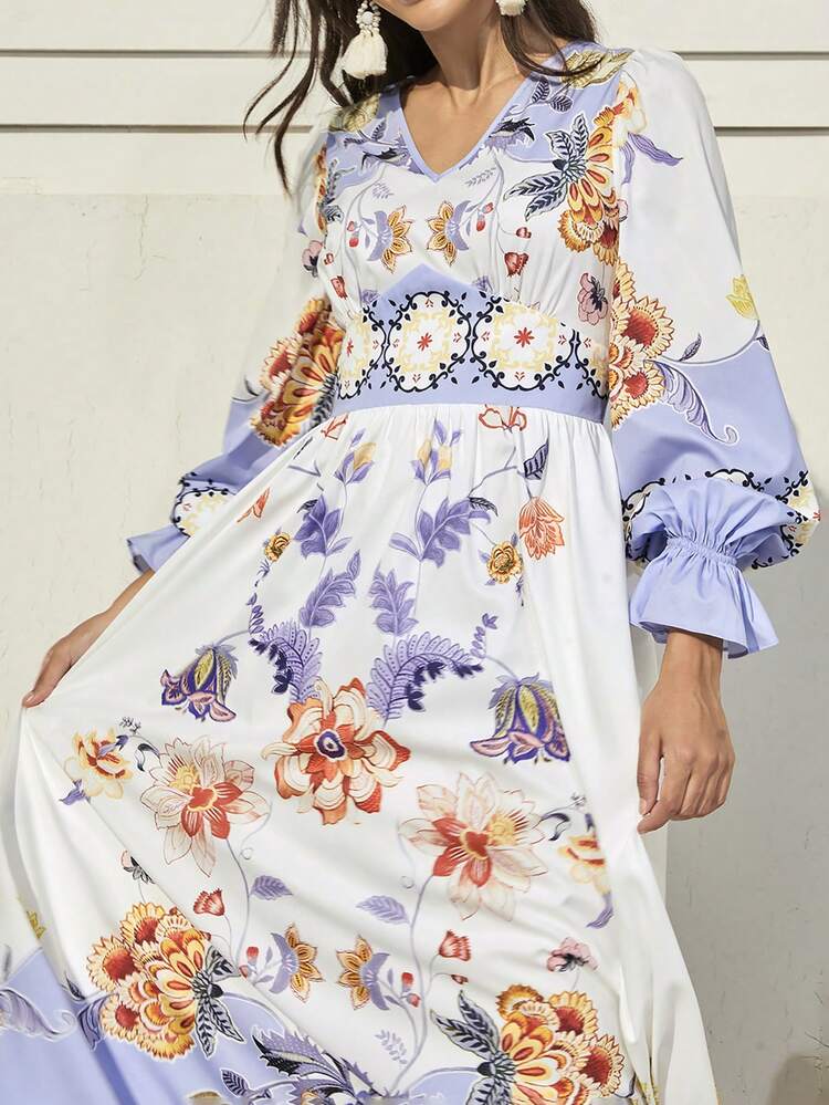 Women's Floral Printed Ruffle Sleeve Dress
