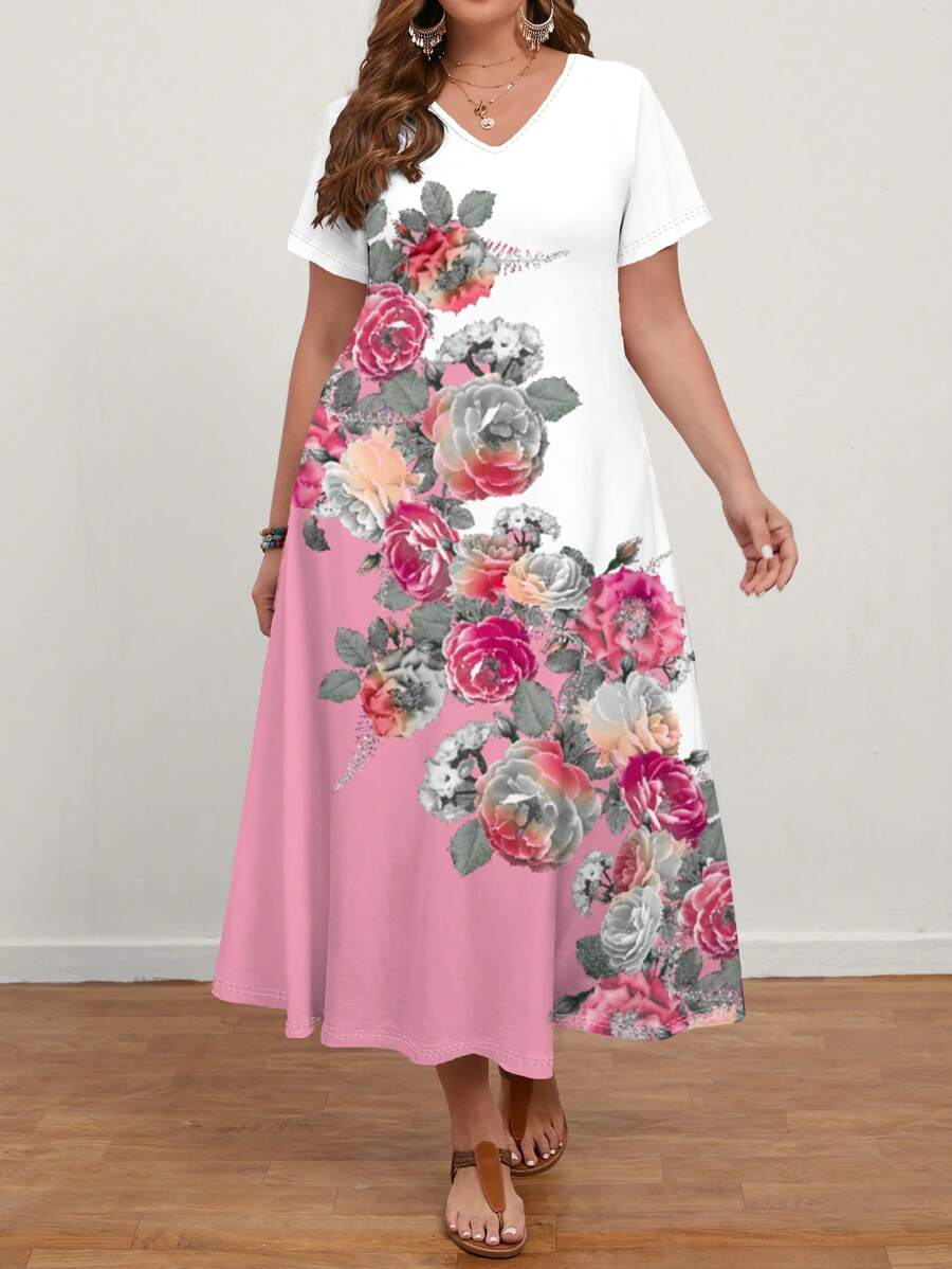 EMERY ROSE Váy dài tay ngắn in hoa hồng cỡ lớn cho nữ, mùa hè - Hồng - Xem 1