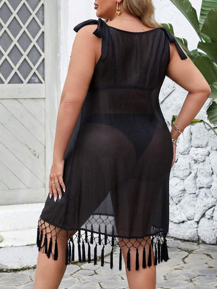 Plus Size Solid Color Fringe Hem Mesh Dress