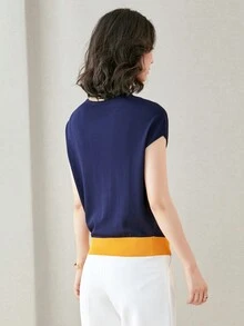 Casual And Simplified Contrast-Color Short Sleeve Knitted Pullover Sweater For Women - Navy Blue - View 2