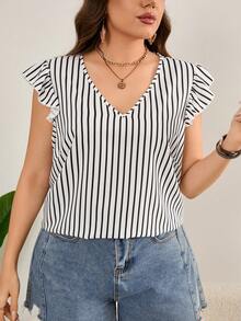 SHEIN LUNE Kích thước lớn NỮ Mùa hè giản dị In sọc lễ Phục sinh Áo cánh - Đen và trắng - Xem 6