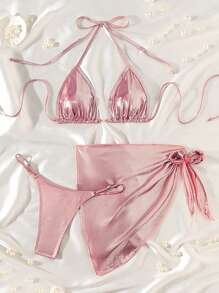 Swim Mod Summer Beach Women's Ruched Halter Neck Bikini Set - Dusty Pink - View 1