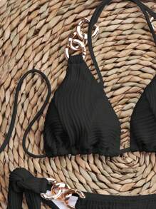 SHEIN Swim Chain Detail Halter Neck Bikini Set, Two Pieces, Summer Beach - Black - View 3