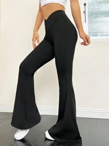 SHEIN EZwear 純色v型高腰喇叭褲 - 黑色 - 查看 3