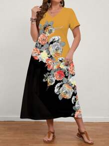 EMERY ROSE Women Plus Size Rose Flower Printed Short Sleeve Long Dress, Summer,Beach Dress Sundress,Holiday Outfits Boho