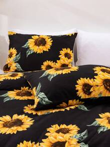 3pcs/Set Sunflower Bedding Set, Full Size, Solid Color Background With Sunflower Pattern, Comfortable Sunflower Duvet Cover Set Bedroom Decor 3pcs (1 Duvet Cover + 2 Pillowcases, No Insert) / Travel / Dorm (For Boys & Girls) - Black - View 8