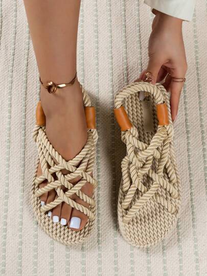 女士平底夏季凉鞋，黄麻鞋底，套穿式，环绕式设计，露趾，舒适，波西米亚风